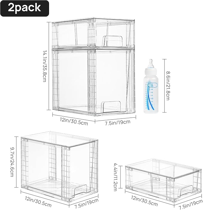 Vtopmart 8 Pack Clear Stackable Storage Drawers, Pull-Out Organizers, 4 Tall and 4 Small for Under Sink, Pantry, Bathroom, Closet and Kitchen Cabinets