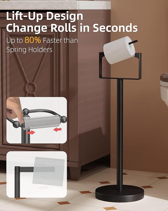 RUACQ Toilet Paper Holder Stand, Magnetic Closure Toilet Paper Stand with Lift-Up Rotating Arm, SUS304 Stainless Steel Bathroom Toilet Paper Holder Free Standing, Weighted Base (Matte Black)