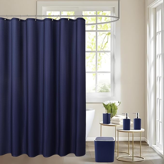 XLHOMO Bathroom Set with Shower Curtain and Rugs- 25PC Bathroom Accessory Set, Navy Blue Shower Curtain Set, Toilet Brush, Trash Can, Qtip Holder & Soap Dispenser