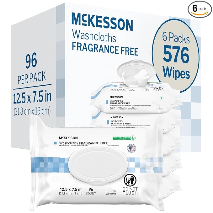 McKesson Washcloth Wipes, Unscented - Disposable Wet Wipes for Adults - Fragrance-Free, Alcohol-Free - No-Rinse Formula - Snap Lid Soft Pack, 96 Count, 6 Packs, 576 Total