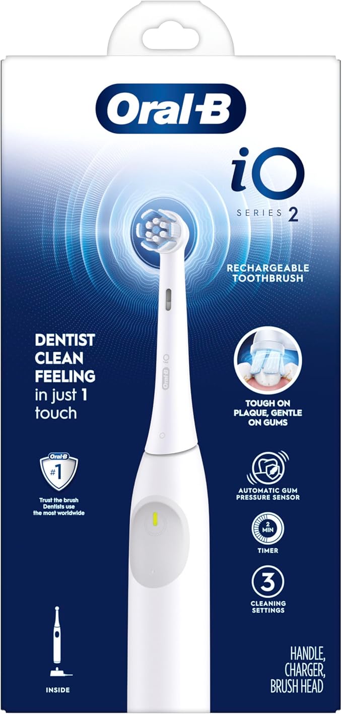 Oral-B Rechargeable Electric Toothbrush, iO2, 3 Cleaning Modes, Automatic Pressure Sensor to Protect Gums, Pure White