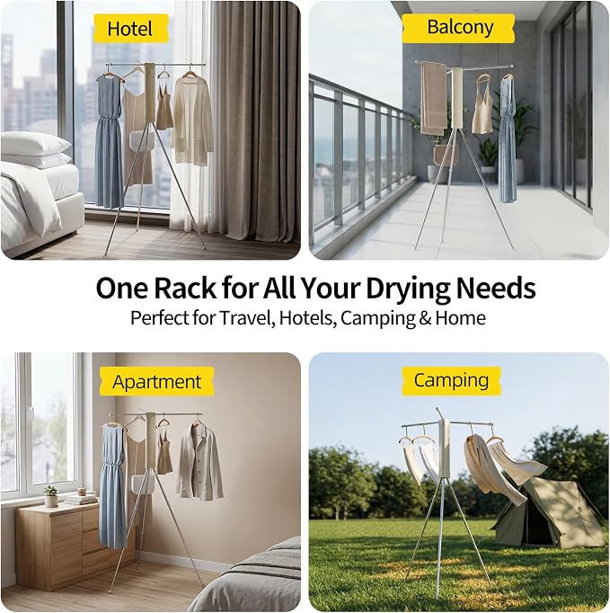 BIREN Foldable Clothes Drying Rack Tripod Clothes Rack Heavy Duty Clothing Racks Laundry Rack Drying for Travel, Camping, Hotel, Apartment, 3 Poles