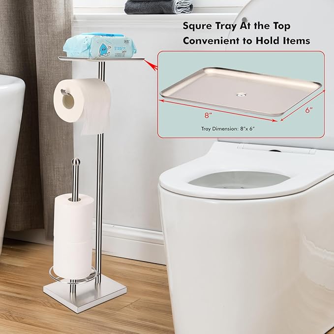 Toilet Paper Holder with Tray at The Top, Heavy-Weighted Stainless Steel Base No Wobbly, Freestanding Toilet Paper Rolls Stand, Hold Extra 3 Paper Rolls On The Base (Brushed Nickel)