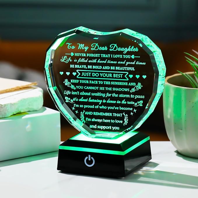 YWHL Meaningful Daughter Gifts from Mom Dad, Birthday Gifts for Adult Daughter Heart Crystal Keepsake with Colorful Light Base, to My Daughters Present on Christmas Graduation Valentine Day