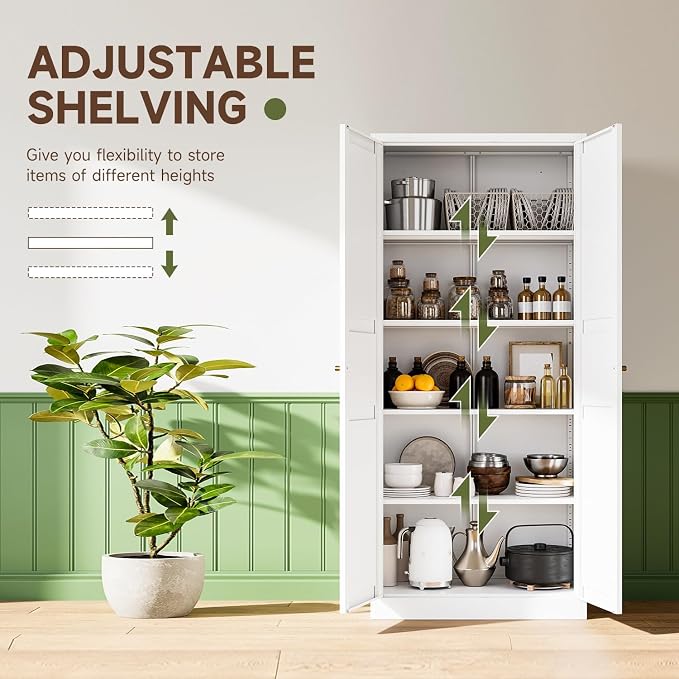 White Storage Cabinet with Adjustable Shelves-Metal Home Kitchen Pantry Cabinets with Doors,Organization Locker for Cupboard/Bedroom/Dining/Living/Bathroom/Office/Garage Room