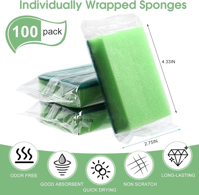 Tioncy 100 Pcs Individually Wrapped Sponges Bulk Kitchen Green Non Scratch Scrub Sponges Dual Sided Cleaning Scrubber for Household Washing Dishes, Pots, Pans, Sinks, Stoves, Appliances, Car, Bike