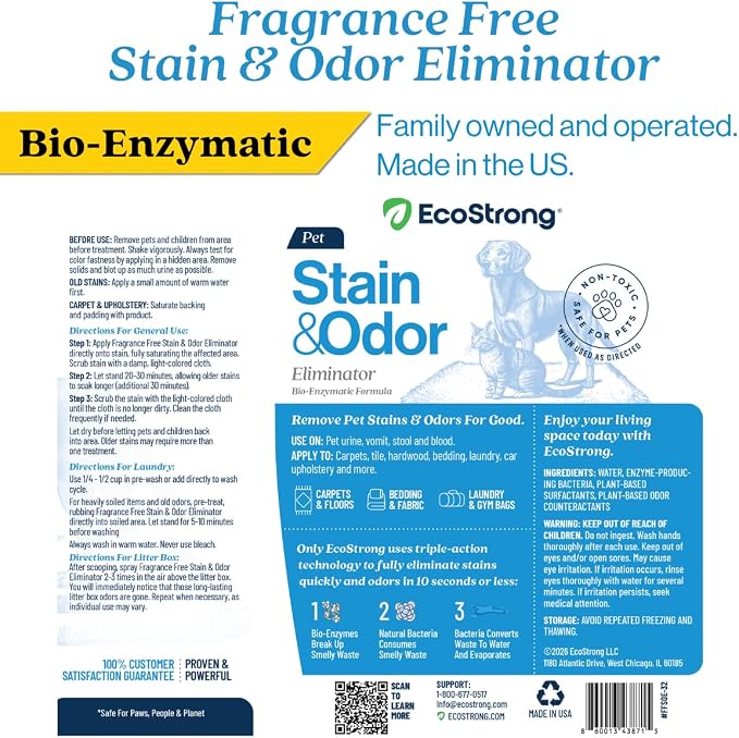 Eco Strong Pet Stain and Odor Remover - Cat Urine Enzyme Cleaner, Urine Destroyer for Dogs, Pet Urine Enzyme Cleaner [All New Fragrance Free] - 160oz Bundle