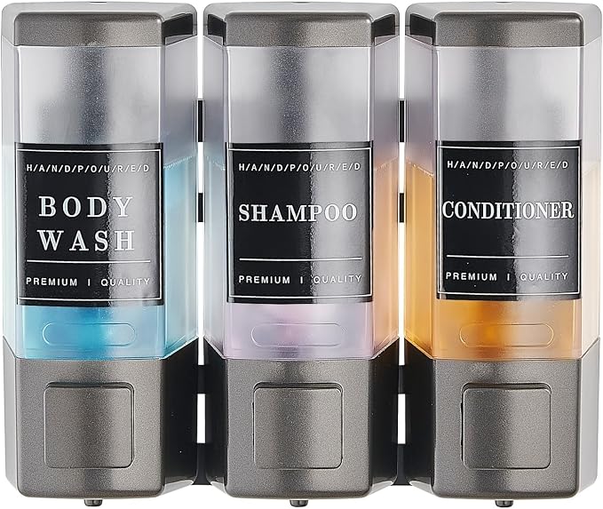 Pollock Shampoo and Conditioner Dispenser 3 Chamber * 500ML | Shower Soap Dispenser Wall Mounted, Body Wash Dispenser No Drill, Refillable Shower Dispenser for Bathroom