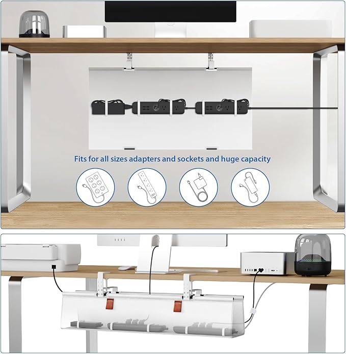 Zilink Under Desk Cable Management 30" No Drill Desk Cable Management Tray Clamp/Screw Mount Cable Tray Sturdy Waterproof Fabric Cord Organizer for Office, Home, White
