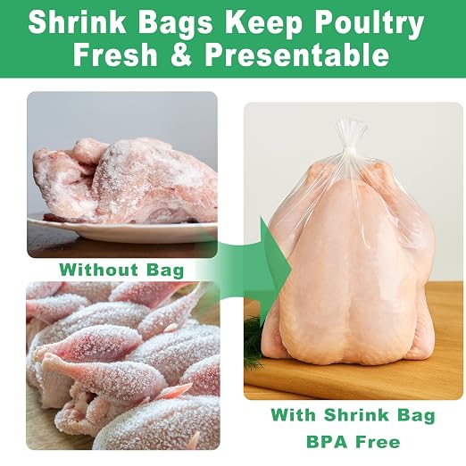 Poultry Shrink Bags 10x16" (100 Pack) – BPA Free Freezer Safe | Heat Shrink Bags for Chicken, Turkey, Rabbit – with 100 Zip Ties & Silicone Straw
