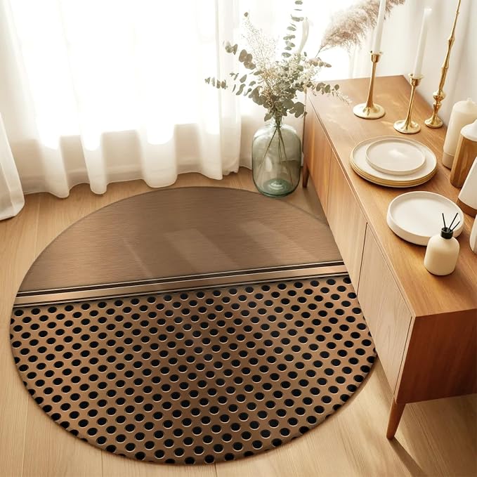 Round Area Rug 6', Brown Metal Hole Washable Area Rugs for Living Room Kitchen Bedroom Nursery Dining Room, Modern Copper Net Eye Hole Pattern Non Slip Door Mat Indoor Floor Throw Circle Carpet