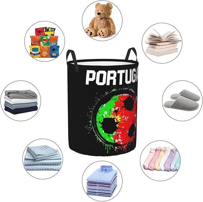 Portugal Soccer Portuguese Football Flag Laundry Hamper Laundry Basket Circular Hamper Dirty Clothes Storage with Handles