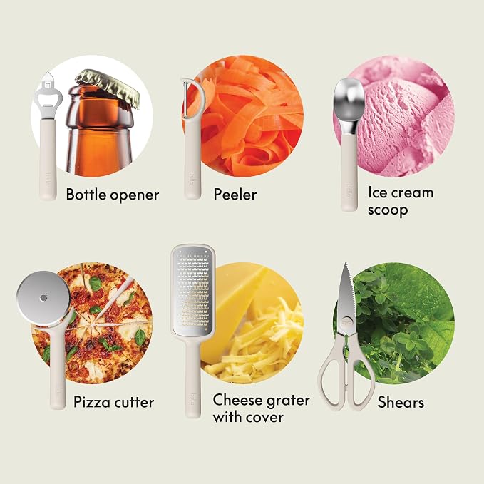 bella 7-Piece Modular Gadget Set, Grater, Pizza Cutter, Ice Cream Scoop, Peeler, Shears, Bottle Opener, Crock with removable divider, Dishwasher Safe, Oatmilk