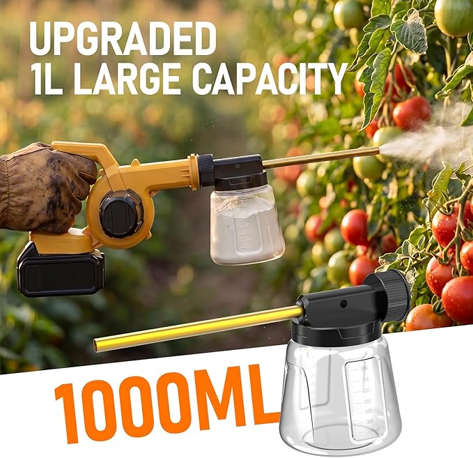 Electric Diatomaceous Earth Duster Compatible Compatible with Dewalt 20V Battery(No Battery) Garden Dust Applicator with 1L Capacity Powder Sprayer for Garden, Chicken Coop and Barn