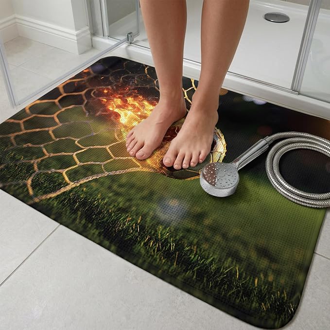 Flaming Soccer Bathroom Rugs Non Slip Washable Bath Mat Absorbent Front Door Mat Goal Net Powerful Fire Orange Grass Green Indoor Doormat for Kitchen Entryway Shower Decor Accessories 19.7"x31.5"