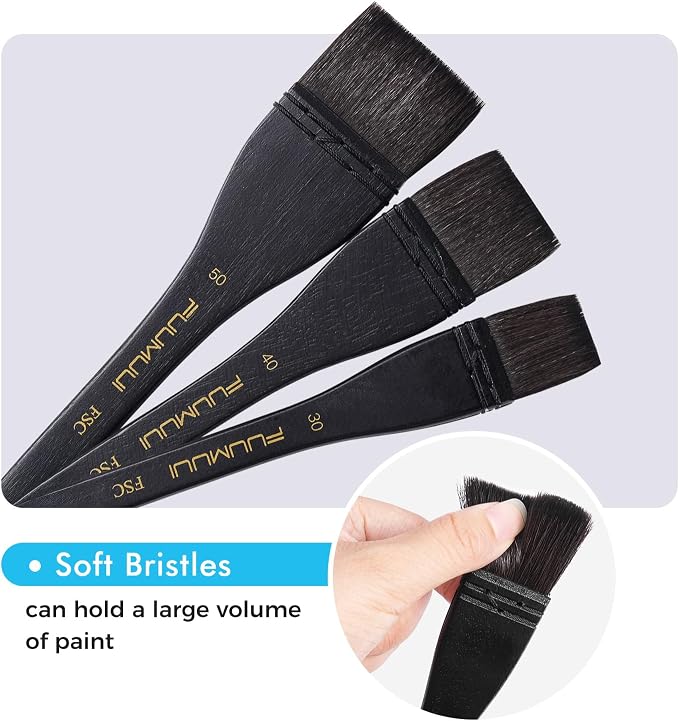 Flat Watercolor Brushes, 3pcs Professional Squirrel Hair Flat Hake Brushes Set, Artists Scale Large Paint Brush with Long Handle for Watercolor and Acrylic Paints