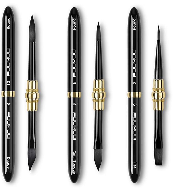 Fuumuui Travel Watercolor Brushes - 3pcs Dual-Tip with 6 Versatile Tip Styles - Premium Synthetic Squirrel Hair Travel Paint Brush Set for Plein Air Painting - Watercolor Acrylic Gouache Ink