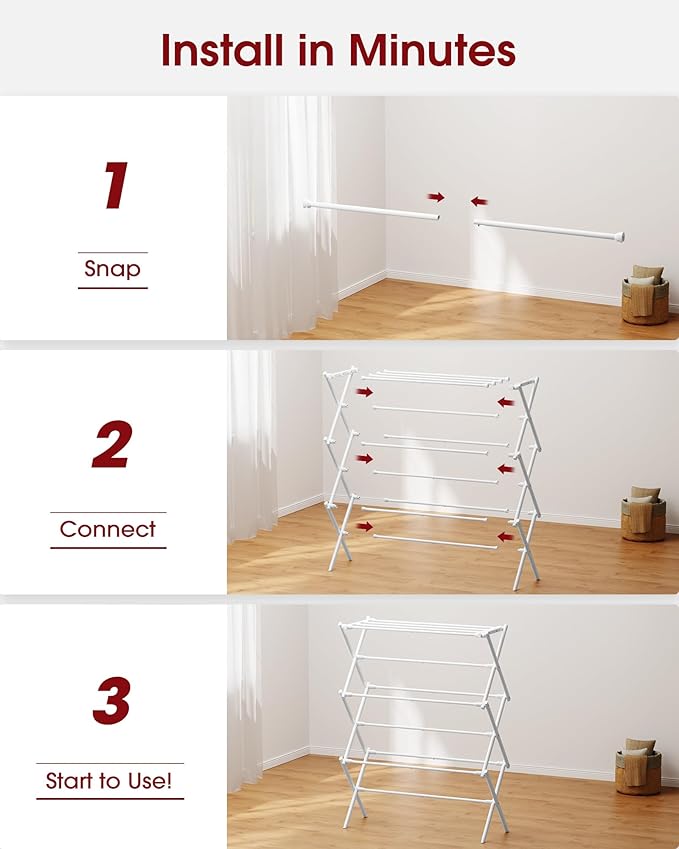 Sakugi Foldable 3-Tier Clothes Drying Rack 37.4" H with Non-Slip Feet | Indoor & Outdoor Use, Space Saving, Metal Frame, 11.4" D x 29.1" W, White