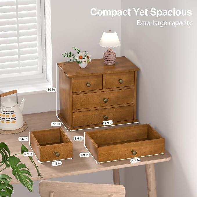 Oak Desk Organizer with Drawers, Durable Wooden Desktop Storage Box with Metal Handles & Non-Slip Silicone Pads, 4 Drawer Tabletop Organizer for Office, Bedroom, Bathroom, Vanity, and Makeup – Walnut