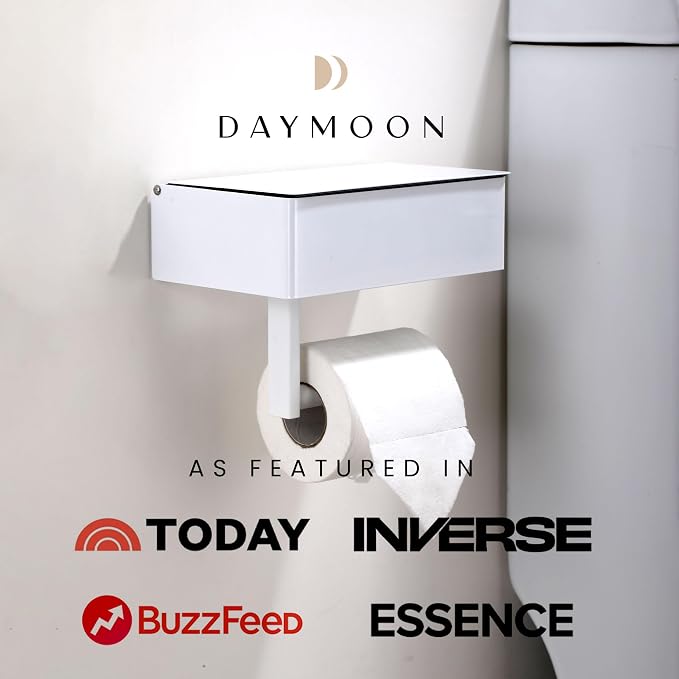 Day Moon™ - Toilet Paper Holder with Shelf - Modern Roll Holder for Bathroom - 1 Pack - Wall Mount - with Storage, White