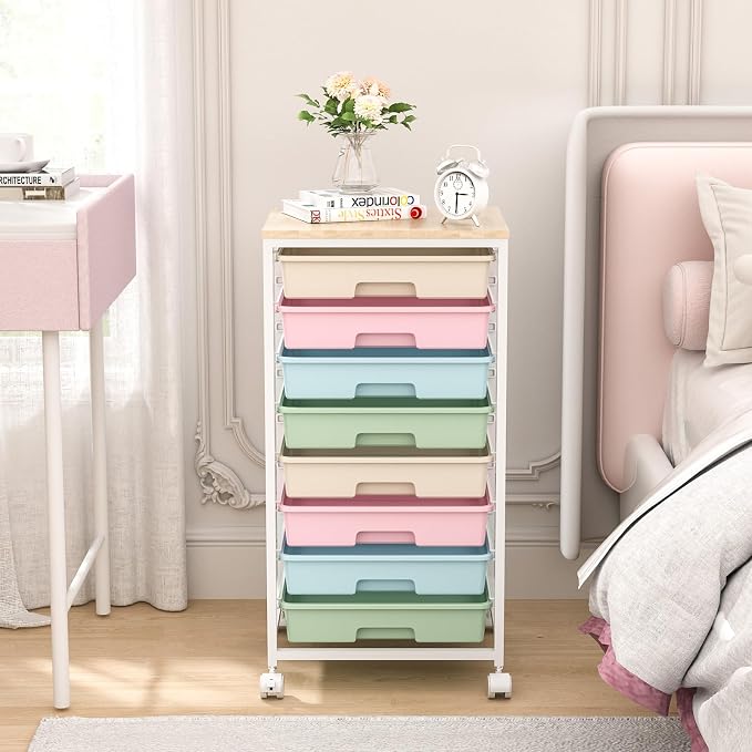 SYKIARIOL Rolling Storage Cart with Drawers,Utility Cart With 8 Drawers and Wooden Tabletop,Rolling Drawer Cart,Storage Drawer Cart for Living Room,Classroom,Bedroom,Bathroom,Dorm,Office,Rainbow