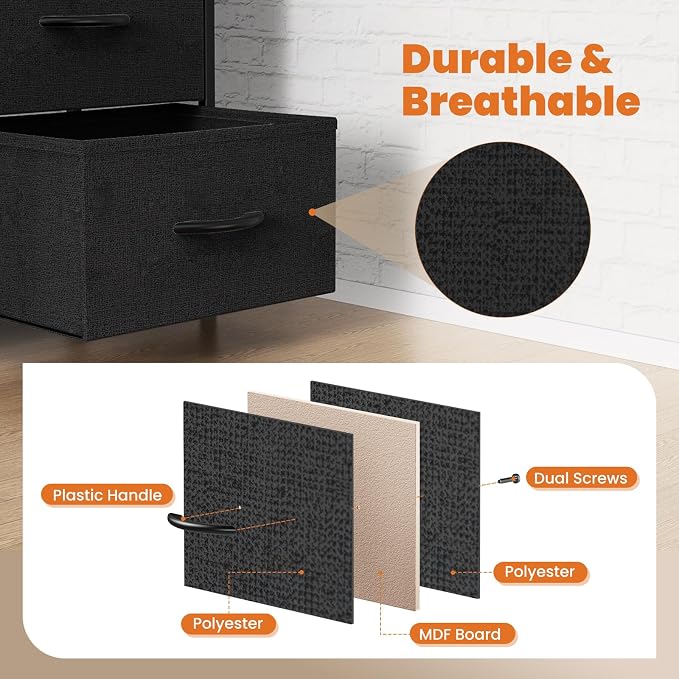 Sweetcrispy 7 Drawer Dresser Storage Organizer with Fabric Bins, Black | Sturdy Steel Frame and Wood Top, Easy Pull Handles, for Bedroom Closet Hallway Entryway