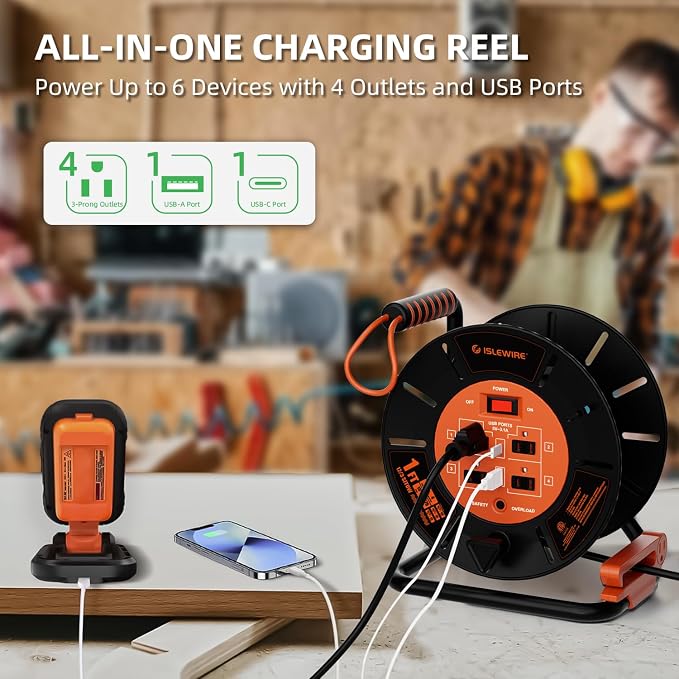 Extension Cord Storage Reel with 4-Grounded Outlets & 2 USB Ports, Heavy Duty Open Cord Reel for 12/3,14/3,16/3 Gauge Power Cord, Hand Wind Retractable, 15A Circuit Breaker, ETL Listed, Orange