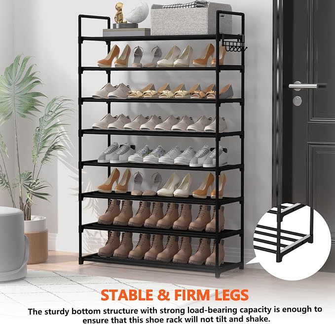 Hsscblet 8 Tiers Metal Shoe Rack,Adjustable Shoe Shelf Storage Organizer with Hooks,Stackable Boot & Shoe Storage,for Entryway,Hallway,Closet,Black