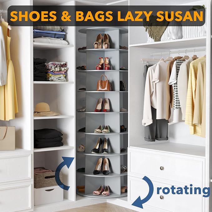 SpaceAid 8 Tier Rotating Shoe Rack Tower, Spinning Shoe Display Lazy Susan, Revolving 360 Shoe Rack Storage Round Carousel, Vertical Handbag Rotate Shoes Closet Organization (8-Tier Gray)