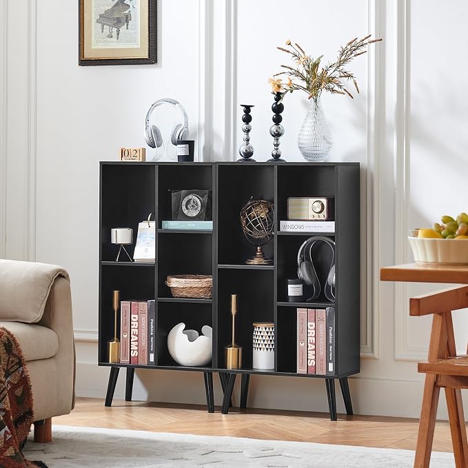 LEYAOYAO 5 Cube Bookshelf, Mid-Century Modern Book Shelf with Legs, Black | 3 Tier Bookcase, Rustic Wood Bookshelves Freestanding Small Storage Organizer, Open Shelves for Bedroom, Living Room, Office
