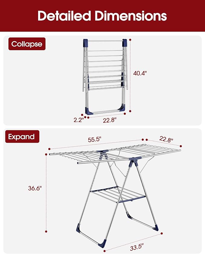 Sakugi Clothes Drying Rack with Height-Adjustable Wings, Metal Foldable Laundry Dryer Stand for Clothing & Bedding, Free-Standing Collapsible for Indoor & Outdoor Use, 55.5" L × 22.8" W, Silver Blue