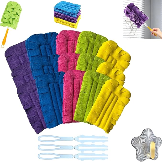 Reusable Chenille Microfiber Dust Duster, Reusable Duster with Removable Washable Cloth Covers, 360°Washable Duster Pads, Electrostatic Fleece Dusting Pads for Efficient Home Cleaning (3 Hdl + 15 Ref)