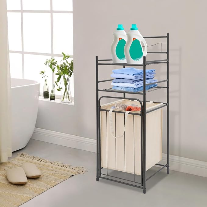 Laundry Hamper with Storage Shelf Vertical Laundry Basket with Pull-Out and Removable Bag Metal Hamper with 2 Storage Shelves for Bathroom Bedroom Dorm