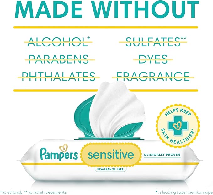 Pampers Sensitive Baby Wipes, Clinically Proven, Fragrance Free, Unscented, Water Based, Hypoallergenic, Multi-Use, Hand Wipes 1008 Wipes Total (18X Flip-Top Packs) [Packaging May Vary]