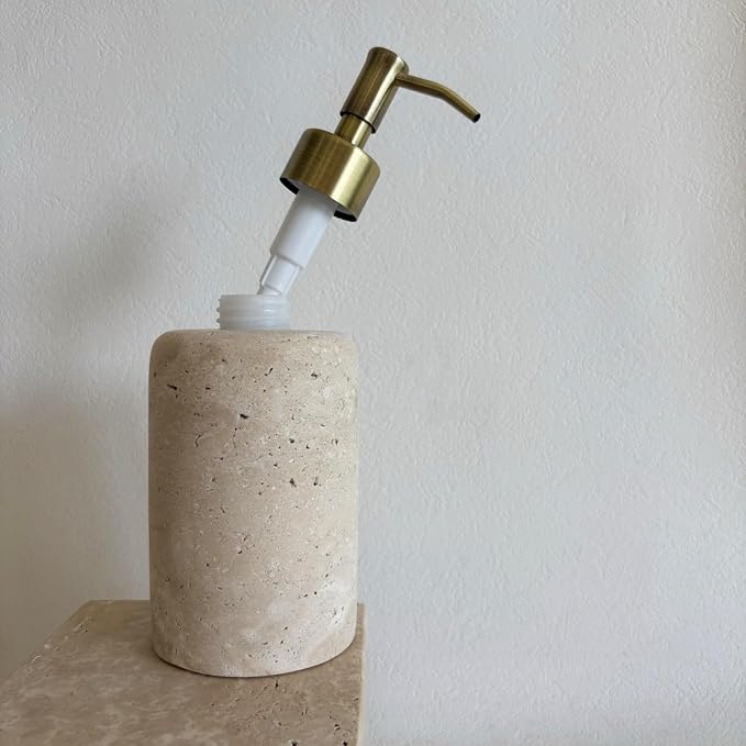 Natural Marble Vintage Stone Refillable Bathroom Liquid Dispenser 165ml Lotions Soap Container Stainless Steel Pump Head (Beige Travertine)