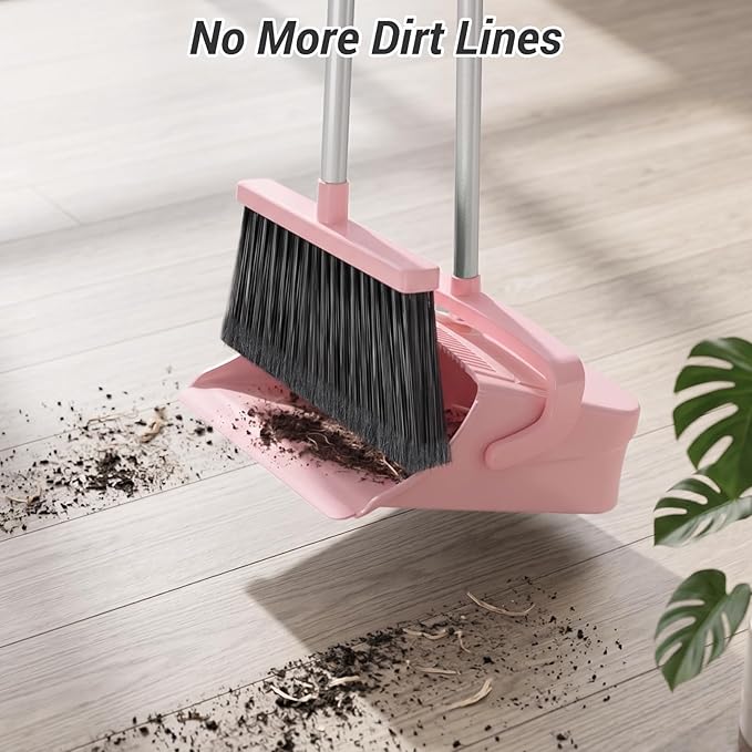 Broom with Dustpan Combo Set, Long Handle Upright Standing Self-Cleaning Broom and Dustpan Set for Pet Hair & Dust Cleanup, Indoor Outdoor Use for Home, Kitchen, Office, Pink