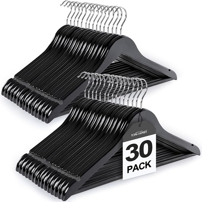 TOPIA HANGER Wooden Coat Hangers 30 Pack, Black Wood Suit Hangers with Non Slip Pants Bar, 360° Swivel Hook and Shoulder Notches for Camisole, Jacket, Pants, Smooth Finish Clothes Hangers -CT34B30