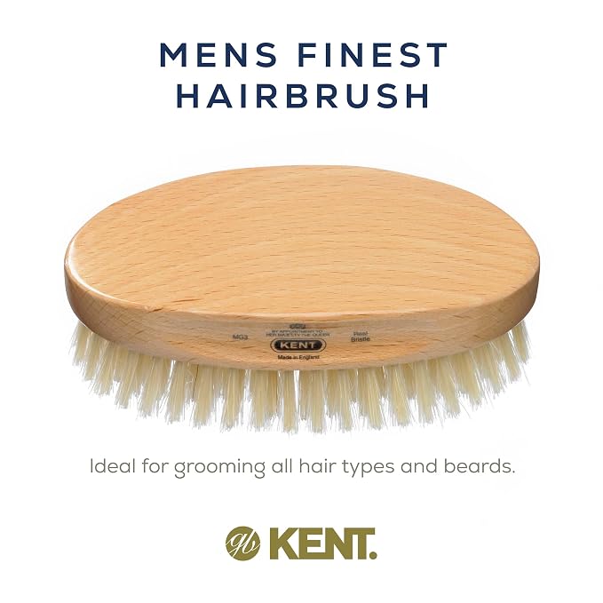 Kent MG3 Finest Men's Hair & Beard Brush for Skin Care - 100% Natural White Boar Bristle for Mens Grooming, Scalp Brush, 360 Wave, Beard and Mustache Straightener For Men's Hair Care