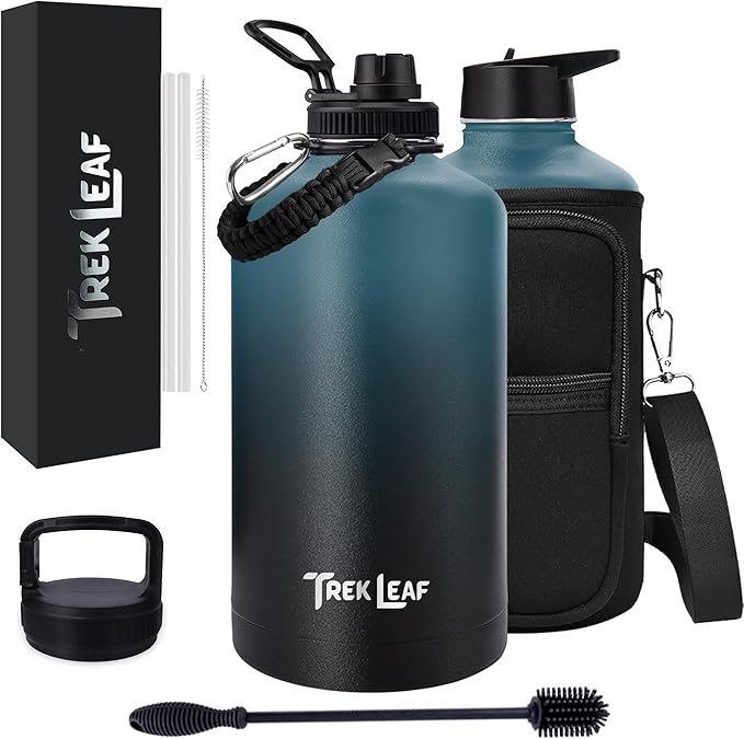 Travel Water Bottle with Carrying Bag, 3 Lids (Spout, Straw, Handle), and Bottle Brush; Leak Proof, Quality, Vacuum Insulated, Stainless Steel (Cascade Shadow, 128 oz)