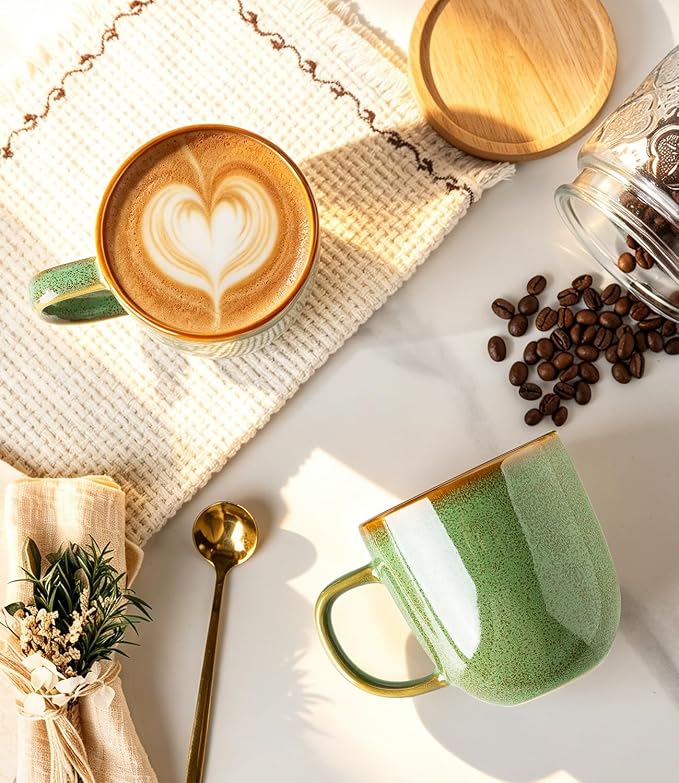 LERATIO Ceramic Coffee Mugs Set of 6,12oz Handmade Coffee Mugs Set | Large Handle for Cappuccino/Latte/Tea/Hot Cocoa,Oven &Dishwasher & Microwave Safe-Sage Meadow Green