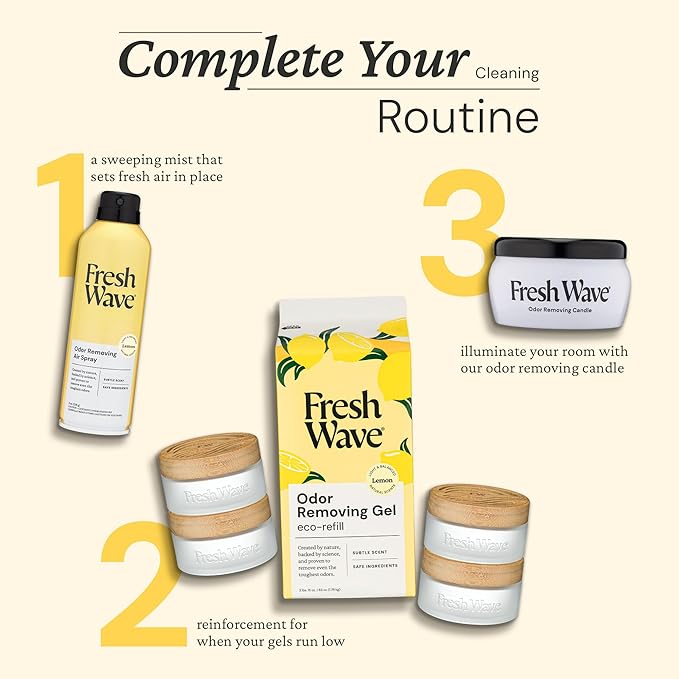 Fresh Wave Odor Removing Gel Eco-Refill, 63 oz. Lemon Scent | 4 Empty Refillable Glass Jars | 4 Room Set