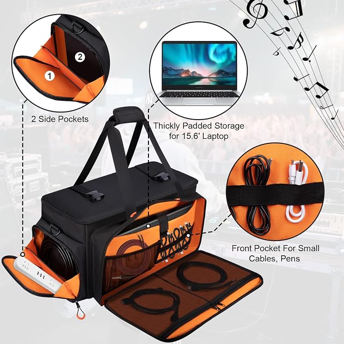 Large Dj Cable Bag with Laptop and Microphone Pocket, Dj Bag for Equipment and Music Accessories with Detachable Dividers, Bottom Pad, Dj Gig Bags for Musicians, Professional, Travel, Orange
