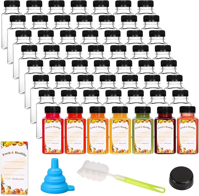 Moretoes 56pcs 8oz Plastic Juice Bottles with Caps, Reusable Clear Plastic Juicing Bottles Juice Containers with Lids Suitable for Milk, Milkshakes and Other Juiced Beverages