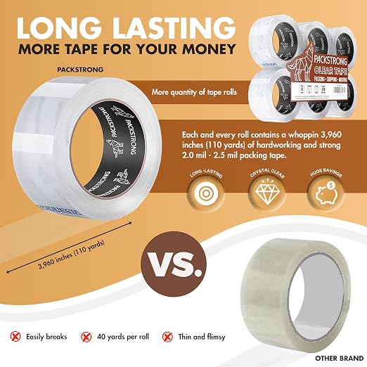 Packstrong Industrial Grade Clear Packing Tape 6 Rolls - 110 Yards per Roll - 3" Wide x 2.5 mil Thick, Acrylic Adhesive Heavy Duty Tape for Box Office Moving Packaging Shipping