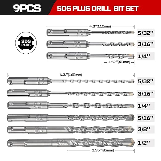 GEINXURN 9PCS 5/32" x 4" to 1/2" x 6" Double Thread Rotary Hammer Drill Bits Set, Masonry Drill Bits Tool Set Carbide Tipped, Drilling in Brick, Stone and Concrete, Cement Walls