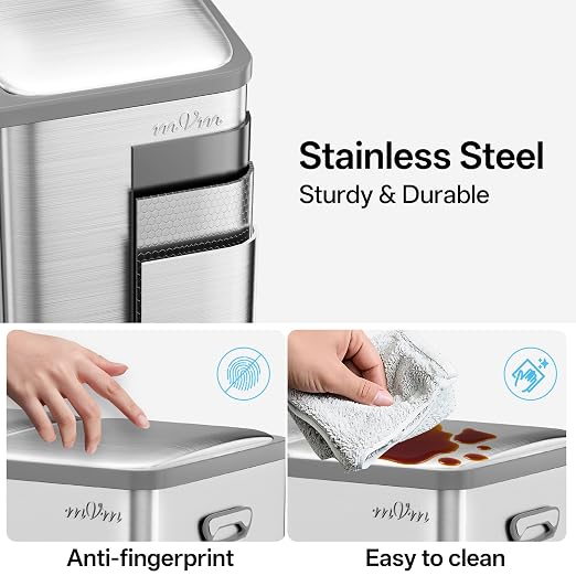 mVm 16 Gal Kitchen Trash Can, 3 Compartment Garbage Can, Heavy Duty Anti Fingerprint Brushed Recycling Bin for Office Home（Tin）