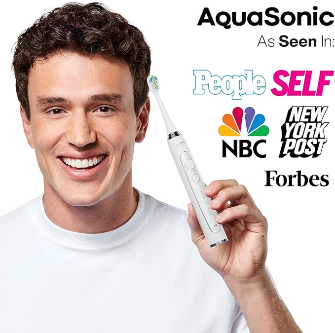 Aquasonic Elite Ultra-Whitening Toothbrush – ADA Accepted Power Toothbrush - 8 Proflex Brush Heads & Travel Case – 50,000 VPM Motor & Wireless Charging - 5 Modes w Smart Timer (White)