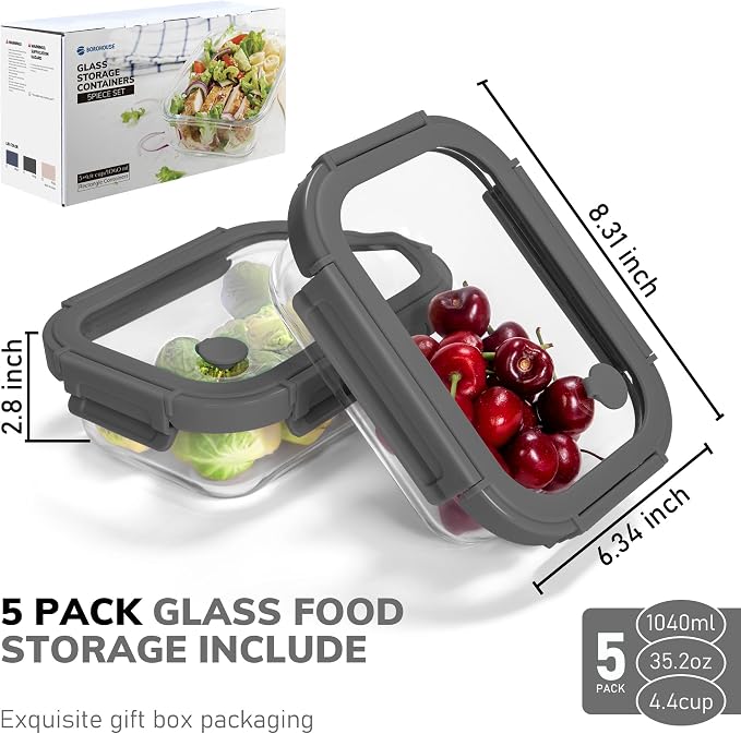 5-Pack Borosilicate Glass Containers with Tempered Glass Lids, 35.2oz/4.4 Cup Airtight Meal Prep Set, Microwave/Freezer Safe (Gray)