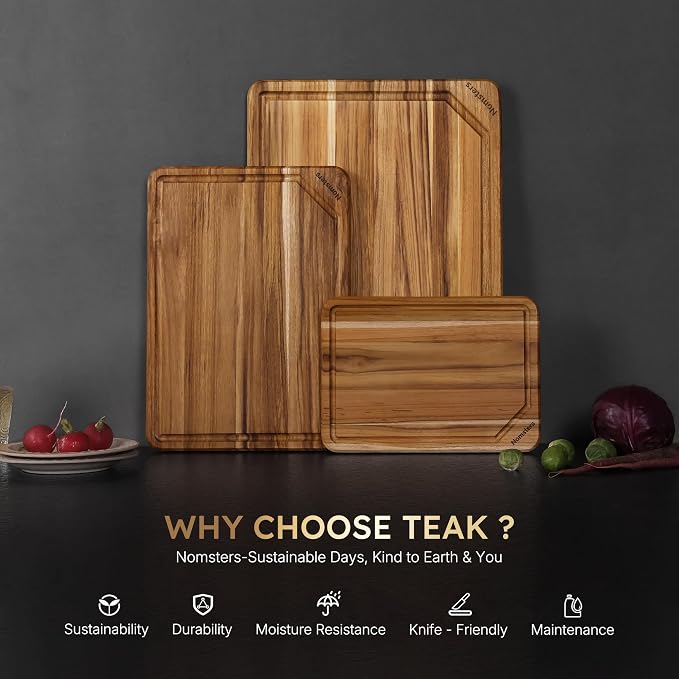 3 Pack Teak Wood Cutting Board Set Non Slip Over Sink Charcuterie Board Serving Heavy Duty Non Toxic Wooden Chopping Board Thick Haus Easy-Grip Handles Ideal Kitchen Gift for Home Cooks
