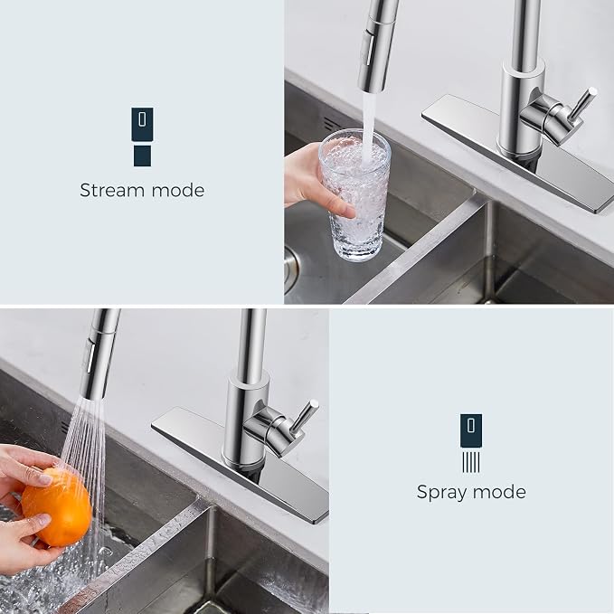 FORIOUS Chrome Kitchen Faucet with Pull Down Sprayer, High Arc Modern Classic Sink Faucet Stainless Steel with Deck Plate Fit for 1 or 3 Hole for Pot Filler Bar Farmhouse Laundry Rv